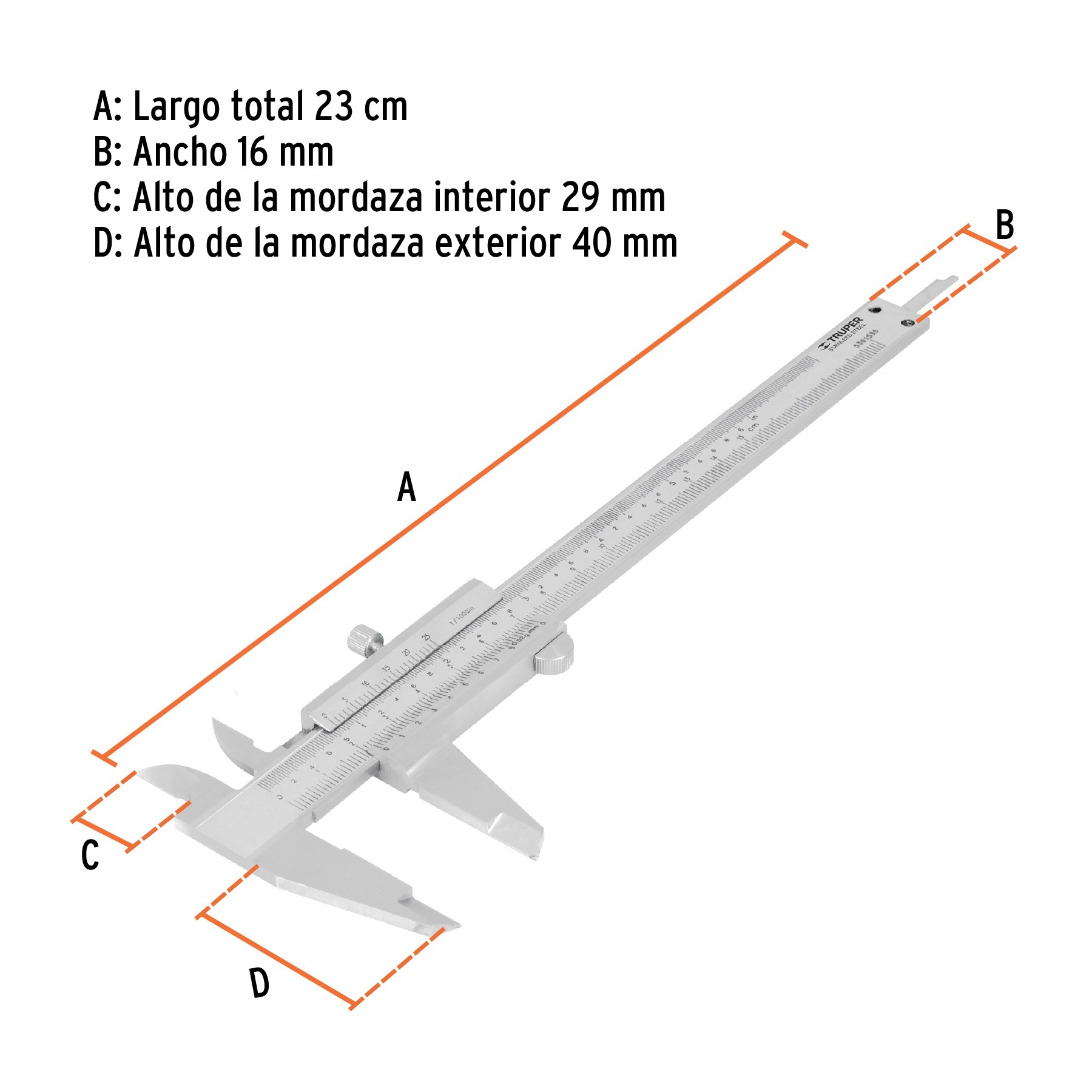 Calibrador vernier analógico 6 acero inox std y mm Truper Vernier 14394