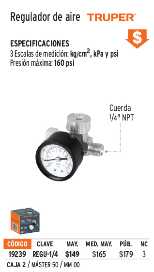 Regulador de aire con manómetro, cuerda 1/4 NPT, Truper, Accesorios Para  Compresor, 19239