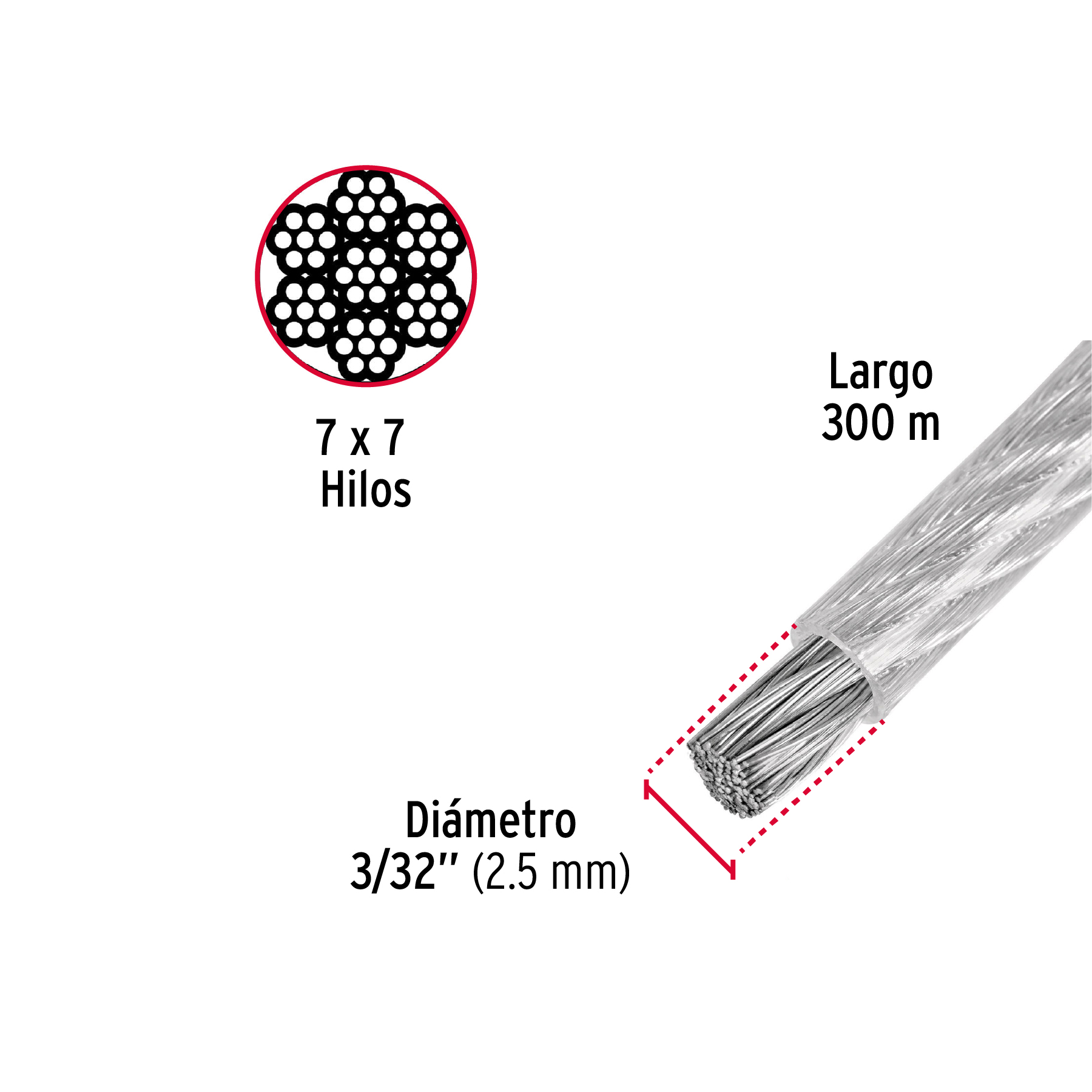 Metro de cable de acero, 7X7, carrete de madera 300 m, Cables De Acero  Rígido