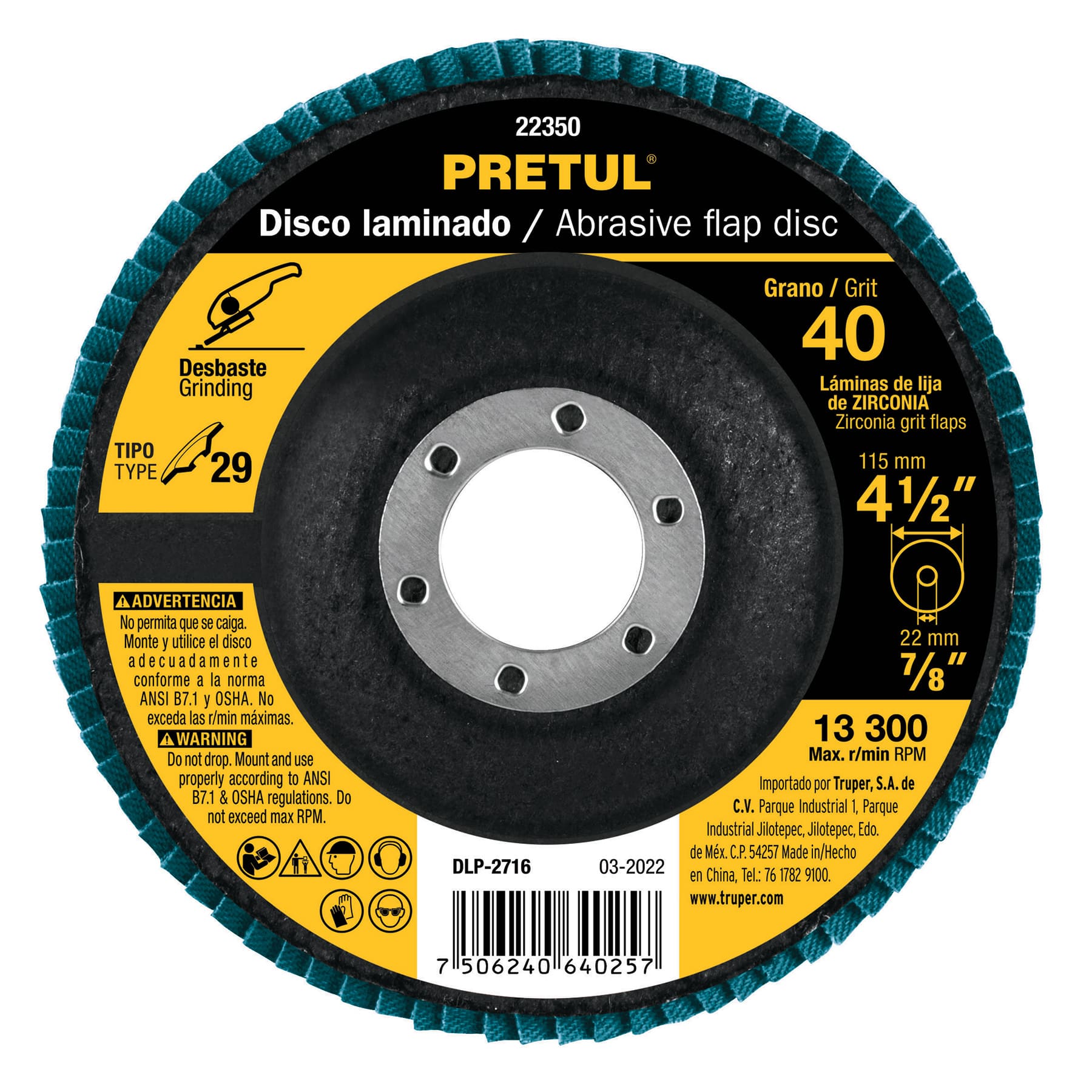 22350 DISCO LAMINADO 4-1/2" G/40 7/8" PRETUL