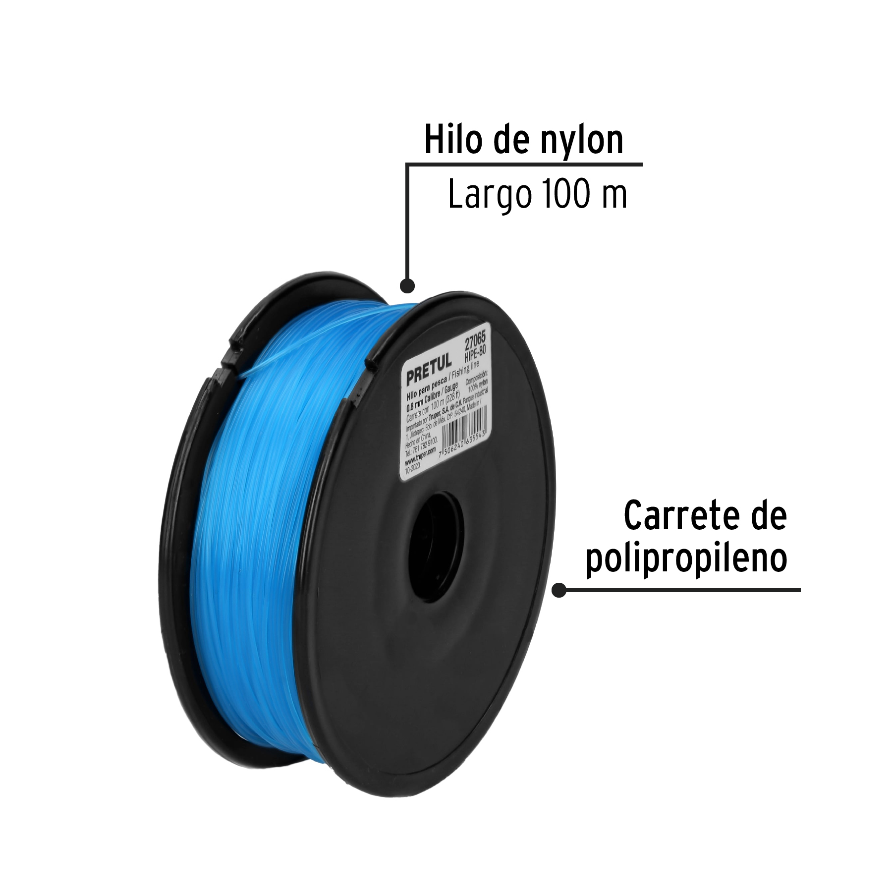 Carrete con 100 m de hilo para pesca azul calibre 0.80 mm [pretul]