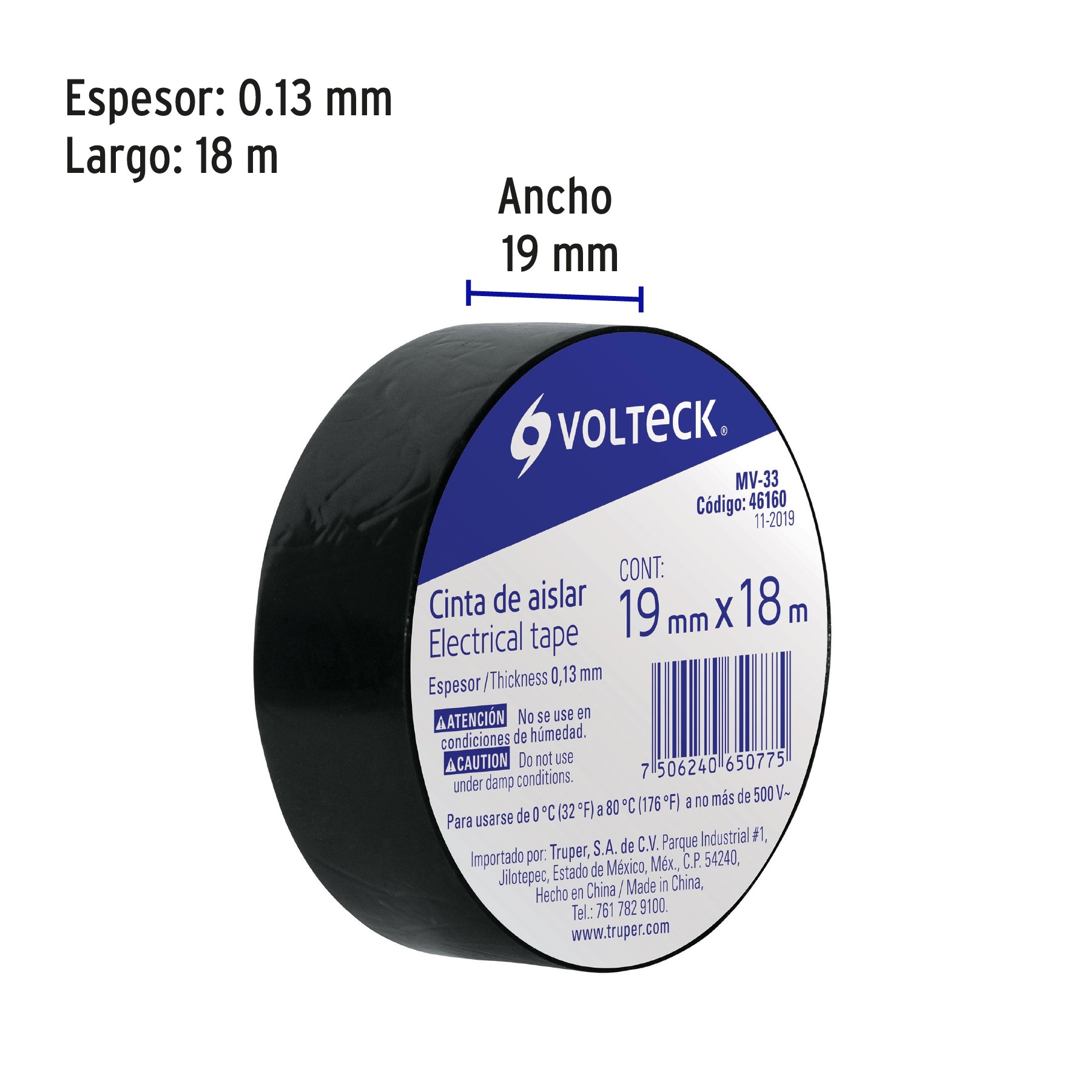 Cinta de aislar de 18 m x 19 mm, negra, Volteck, Cinta De Aislar, 46160