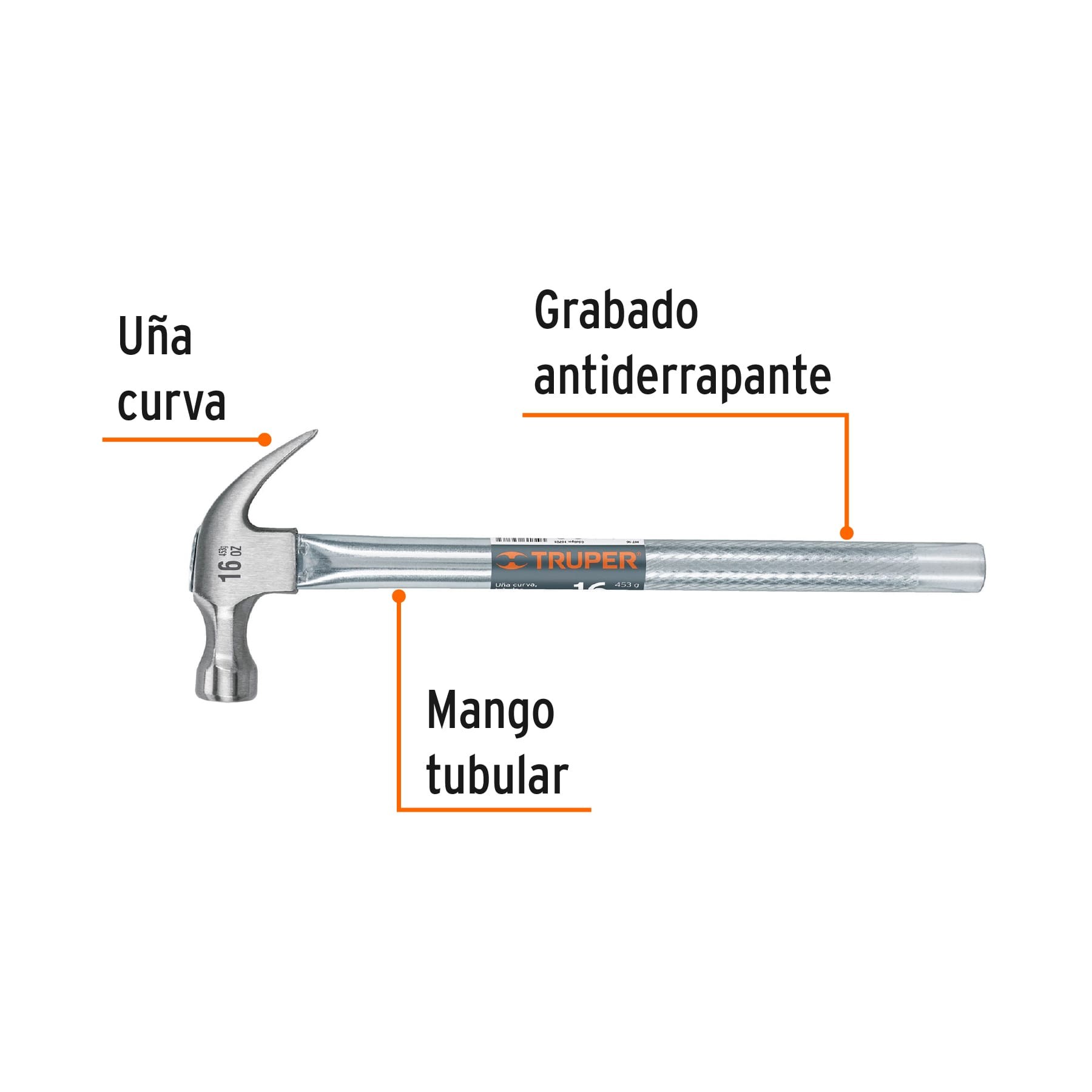 Martillo Tubular Pulido 16 Oz Uña Curva, Truper, Martillos Tubulares, 16701