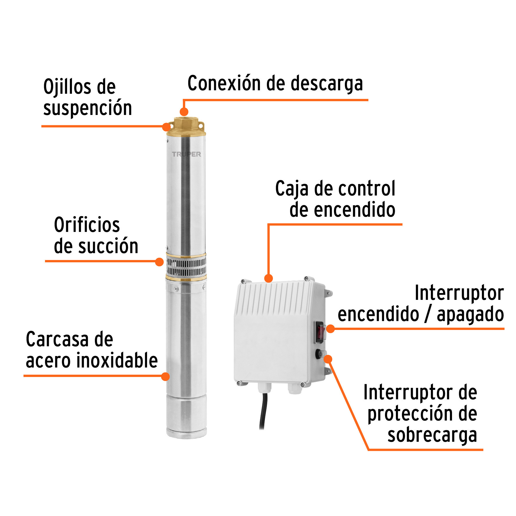 Bomba sumergible, tipo bala, 1 HP, a/limpia, 220V, Truper