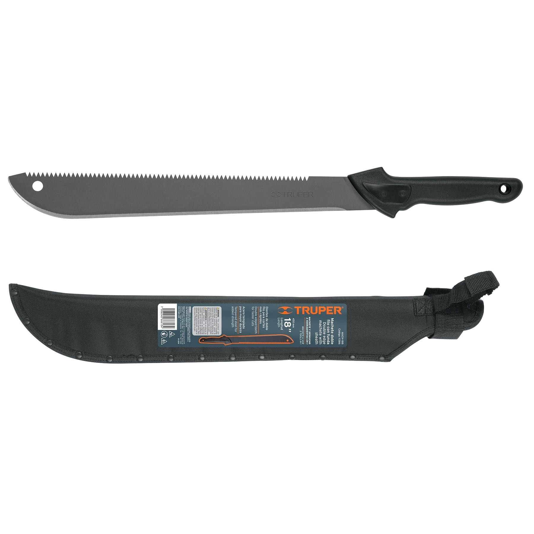 Machete doble filo 18" cacha inyectada, con funda, Truper