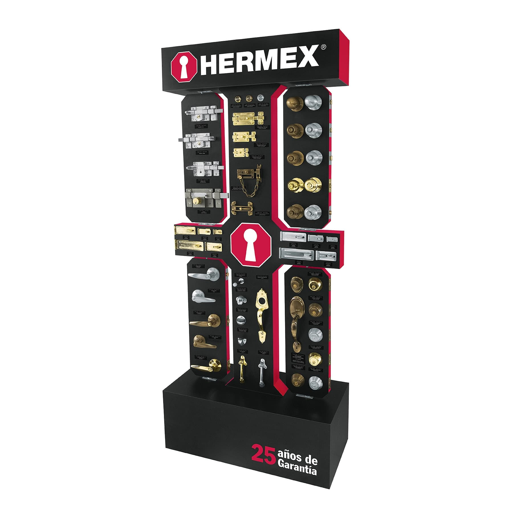 Exhibidor de piso con productos de cerrajería Hermex