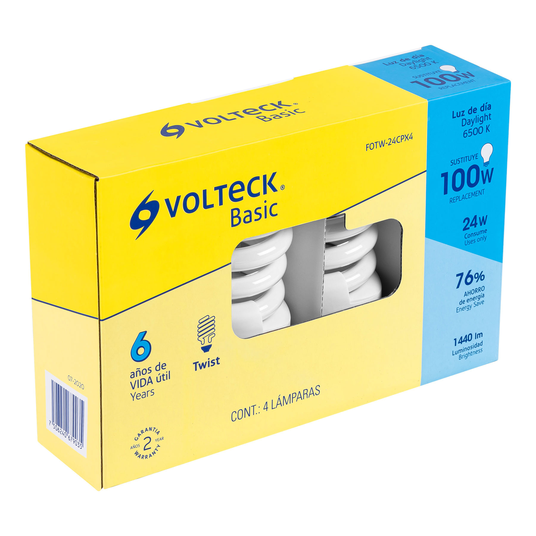 Pack de 4 lámparas espiral T4 24 W luz de día, caja, Volteck